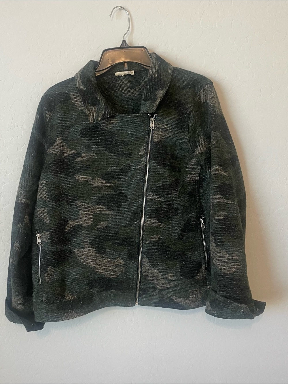 Mystree Camo Knit Moto Jacket Asymmetrical Zip Green Large